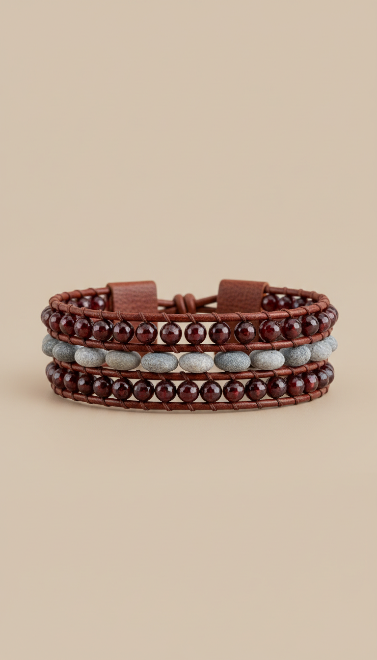 Leather and Garnet Wrap Bracelet
