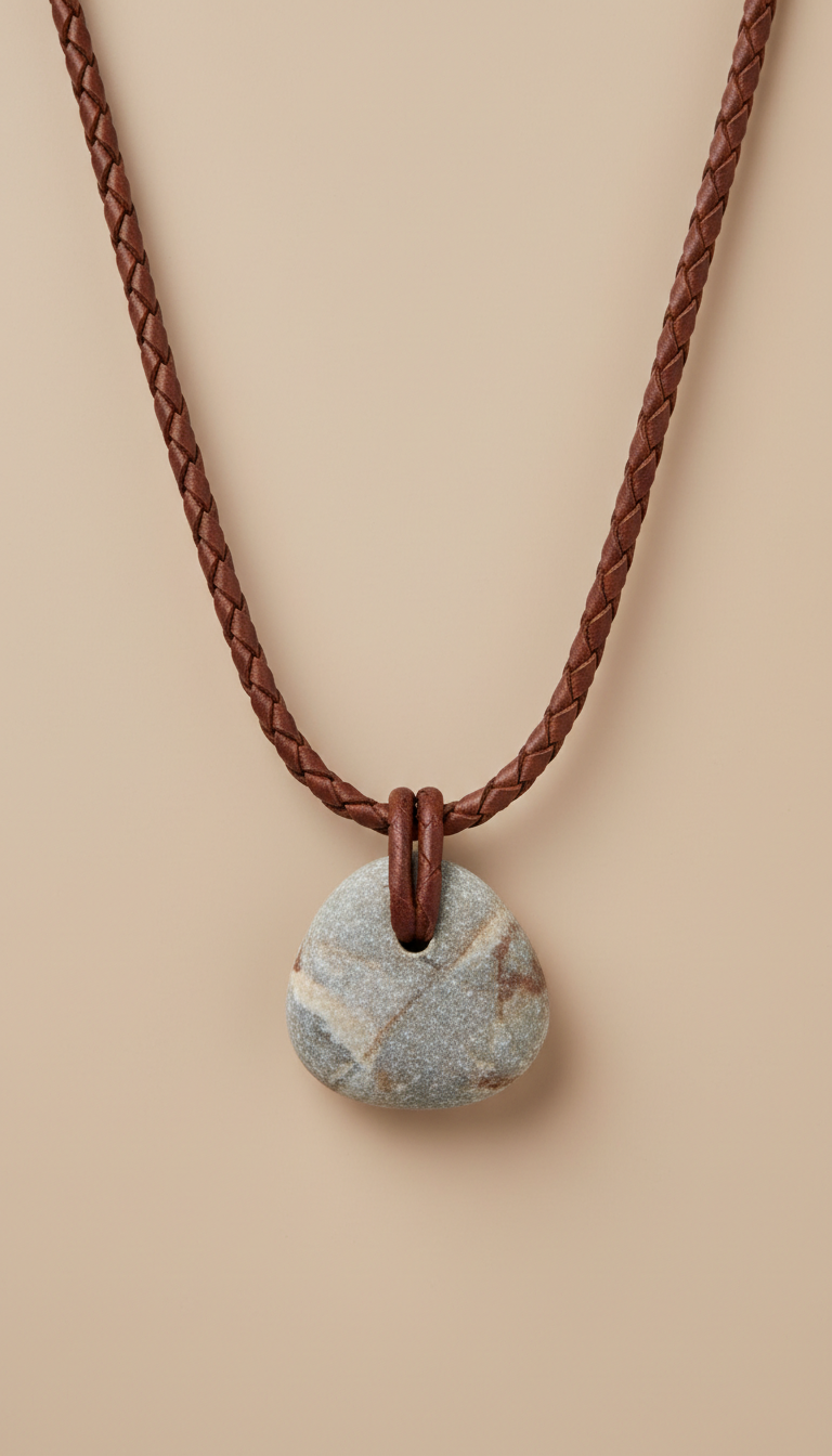 Walnut Leather Pendant Necklace with River Stone