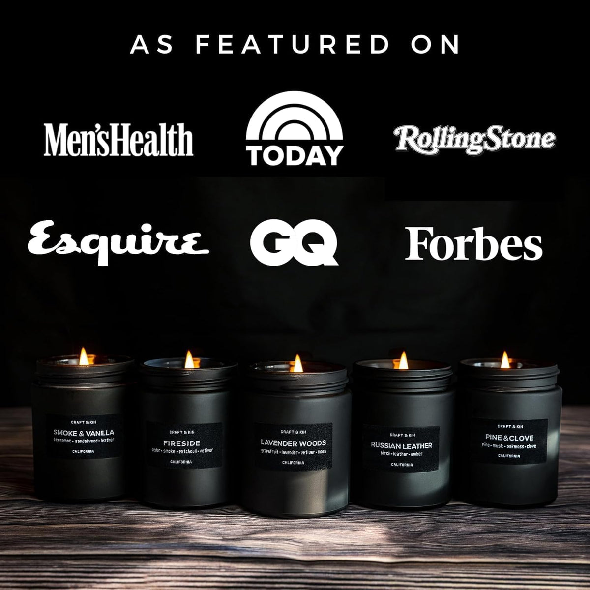 Premium Smoke & Vanilla Scented Candle – Long Lasting, 45 Hour Burn Time – Luxury Black Natural Soy Scented Candle for Men with Wood Wick – Room Decor and Aromatherapy – 7.6 Oz