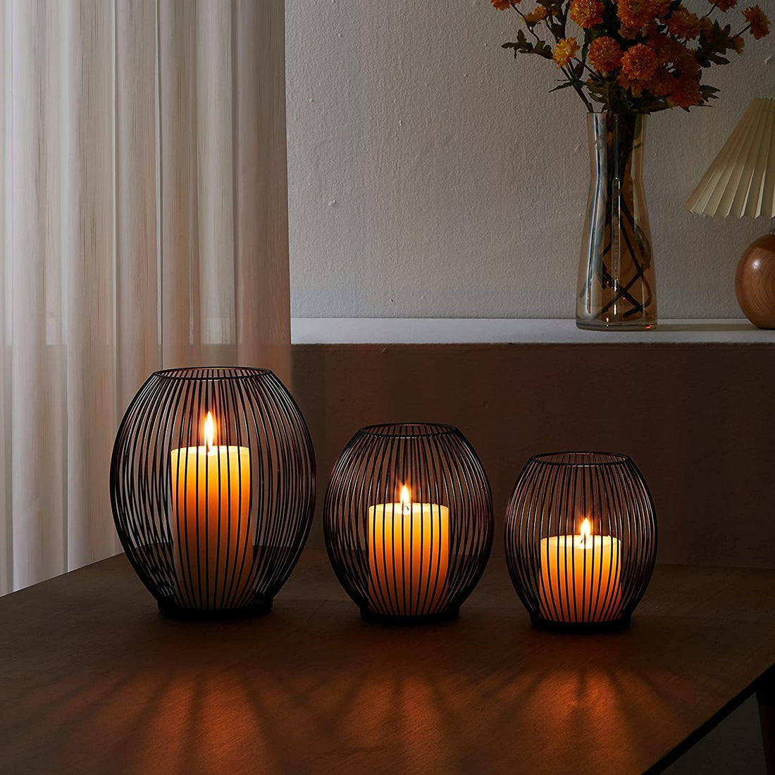 Outdoor Candle Holder Decor Set - Black Candle Holder - Candles Holders for Table Centerpiece - Hurricane Candles Holder for Pillar Candles Cage Candle Holders Black Wire Decorative