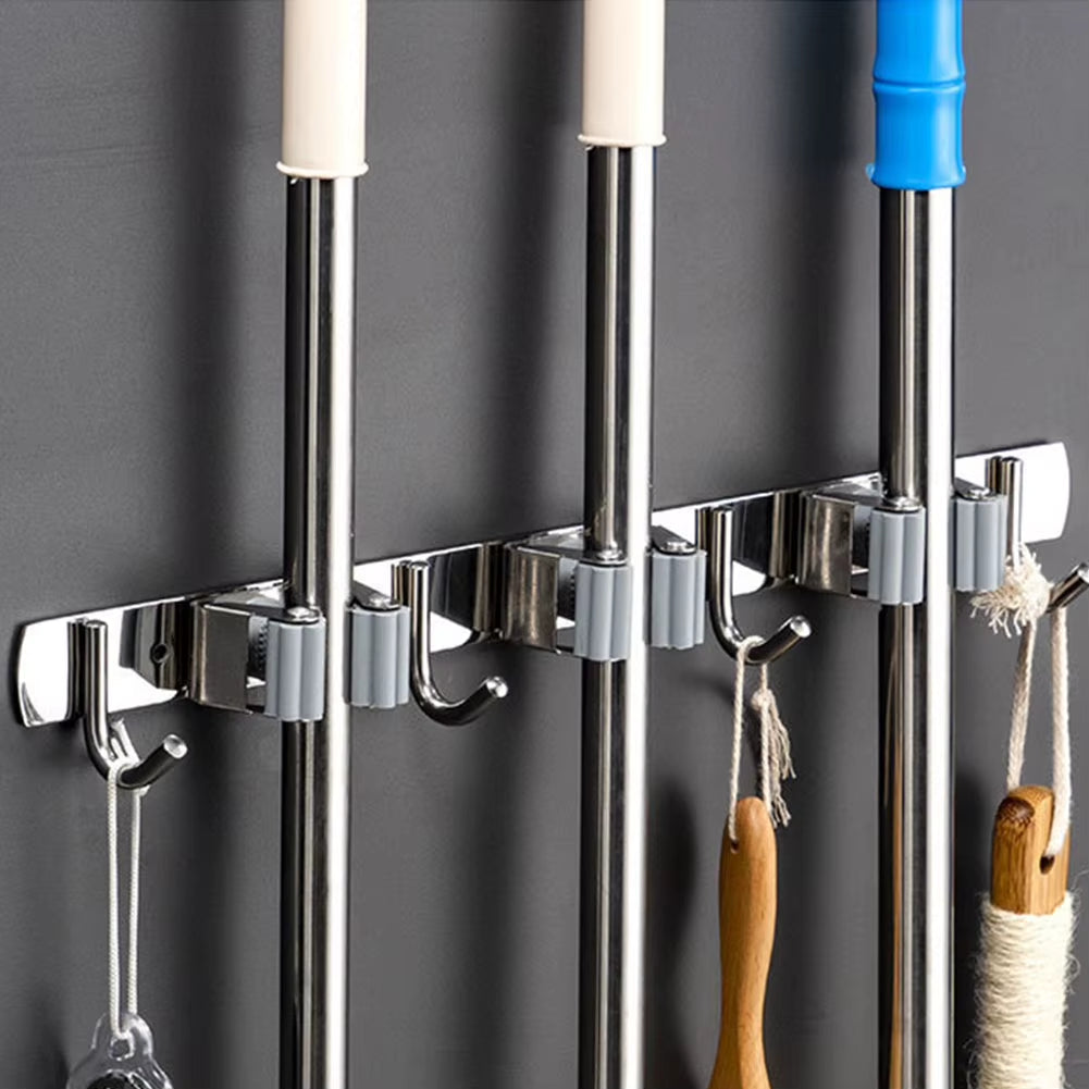 GripLock™ Stainless Steel Wall Mount Mop &amp; Broom Holder – Space-Saving Hook for Kitchen &amp; Bathroom Organization