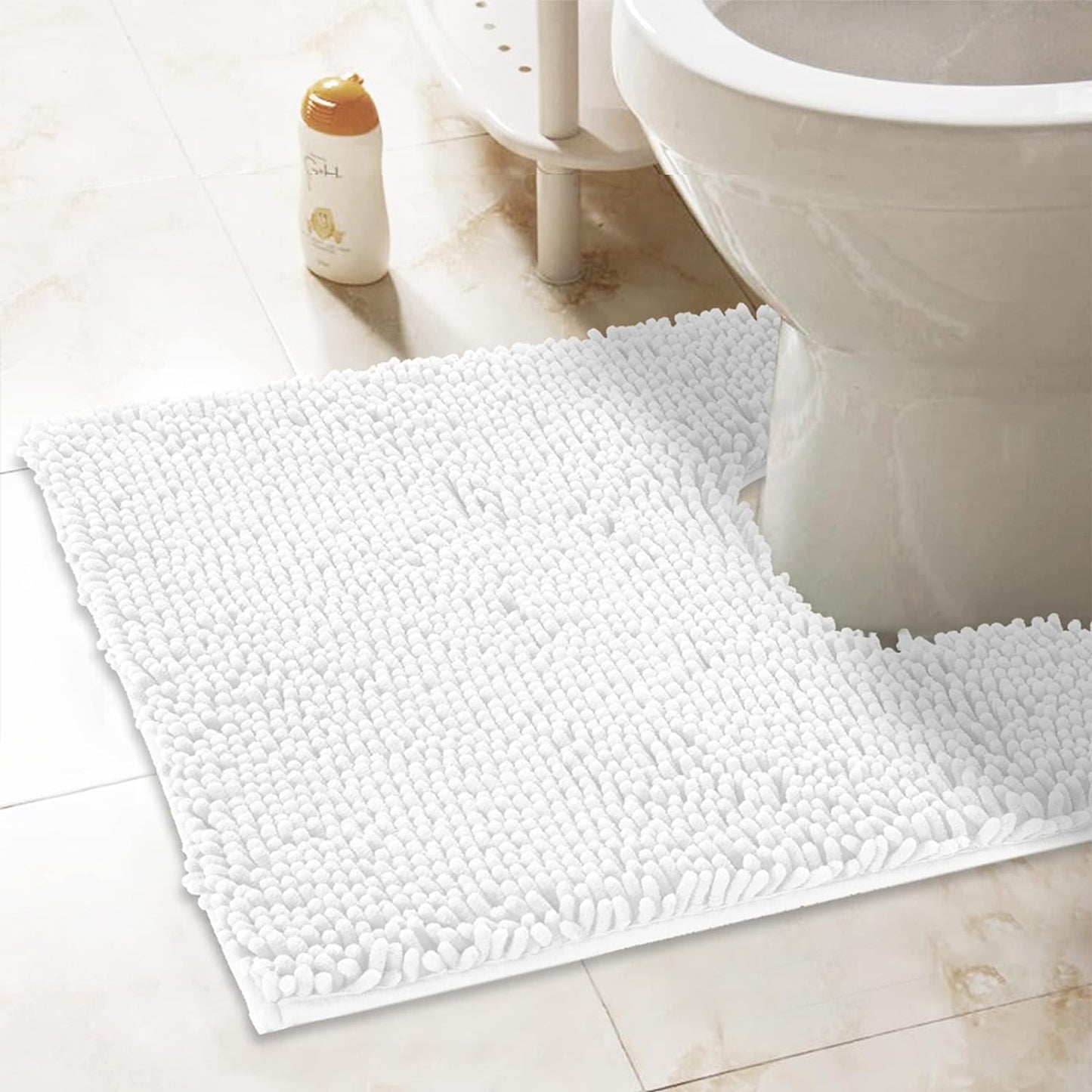 Standard 24"X21" U-Shaped Non-Slip Shaggy Chenille Toilet Contour Bathroom Rug with Water Absorbent, White