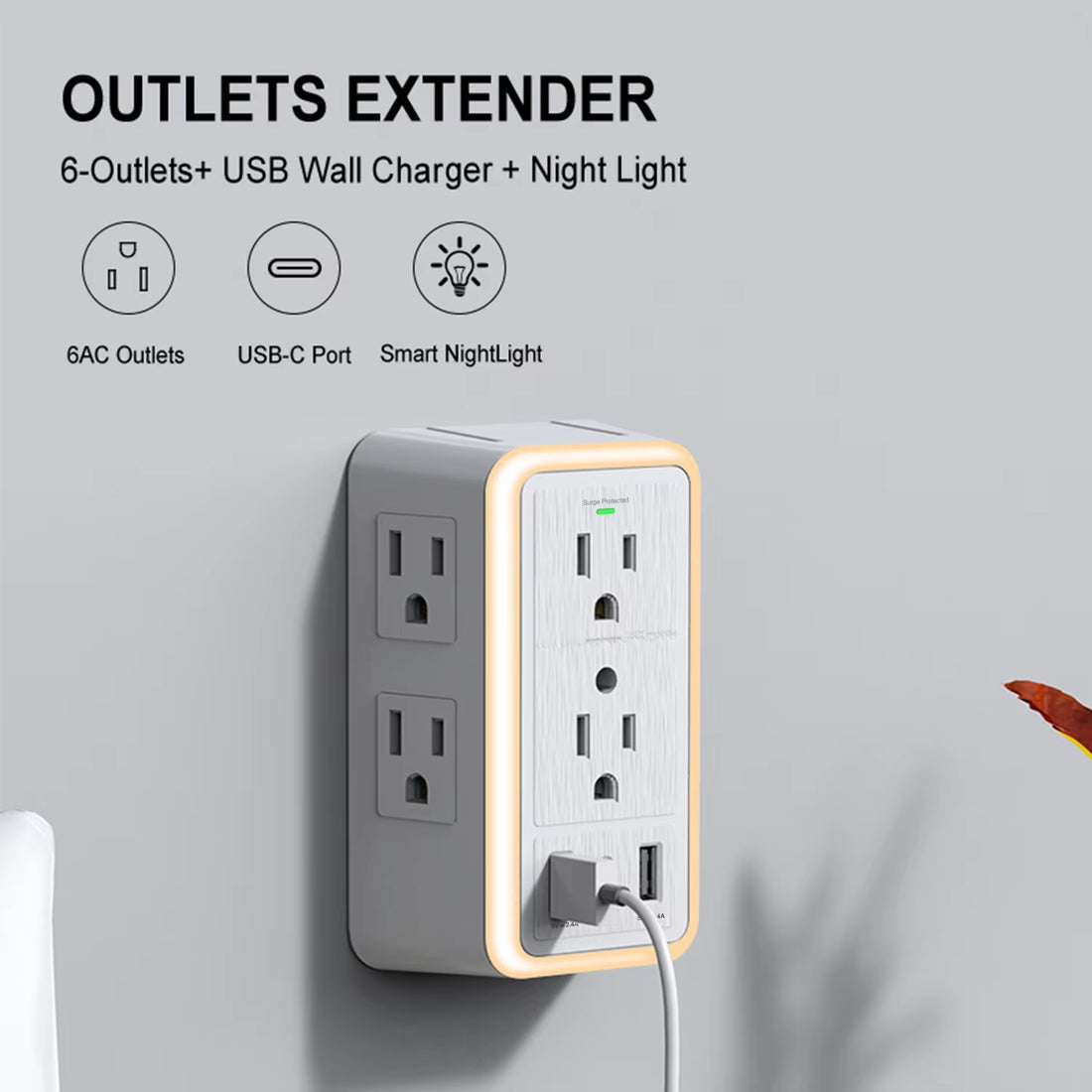 6-Outlet USB Wall Charger Extender – Surge Protected with USB-C, 3 USB Ports &amp; Built-In Night Light