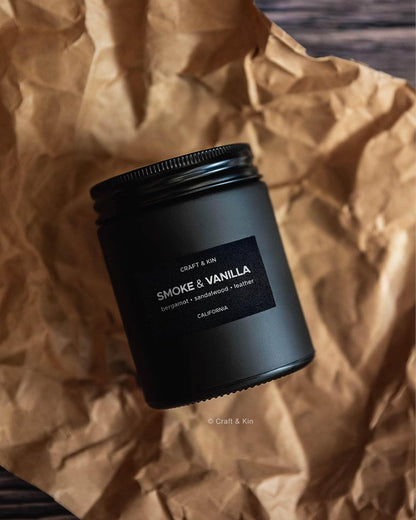 Premium Smoke & Vanilla Scented Candle – Long Lasting, 45 Hour Burn Time – Luxury Black Natural Soy Scented Candle for Men with Wood Wick – Room Decor and Aromatherapy – 7.6 Oz