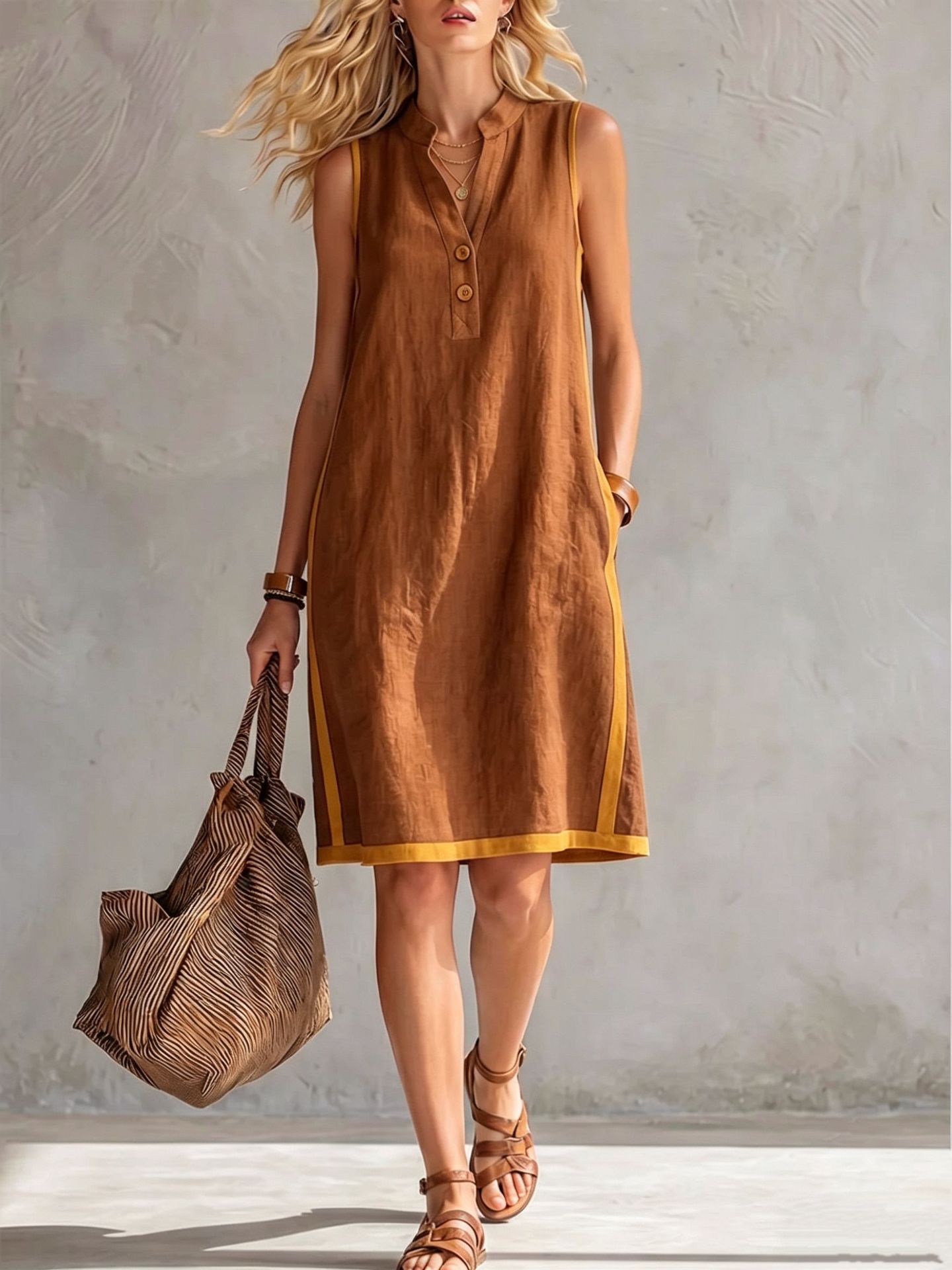 Women's Sleeveless V-Neck Button-Front Pocketed A-Line Midi Dress