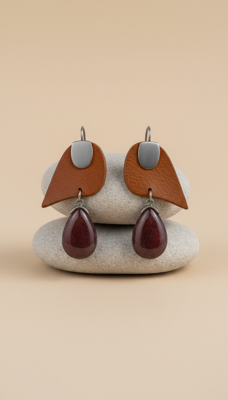 Muted Garnet Drop Earrings with Leather Accent