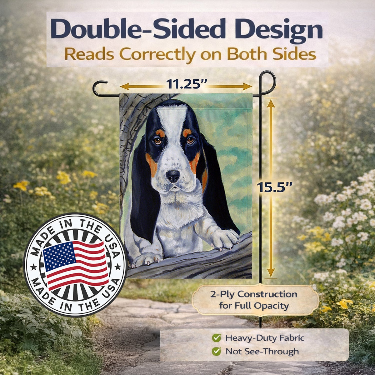 Basset Hound on the branch Garden Flag Mailbox Decorative Yard Banner Outside Patio Artwork for Flower Beds, Garden Size, Multicolor