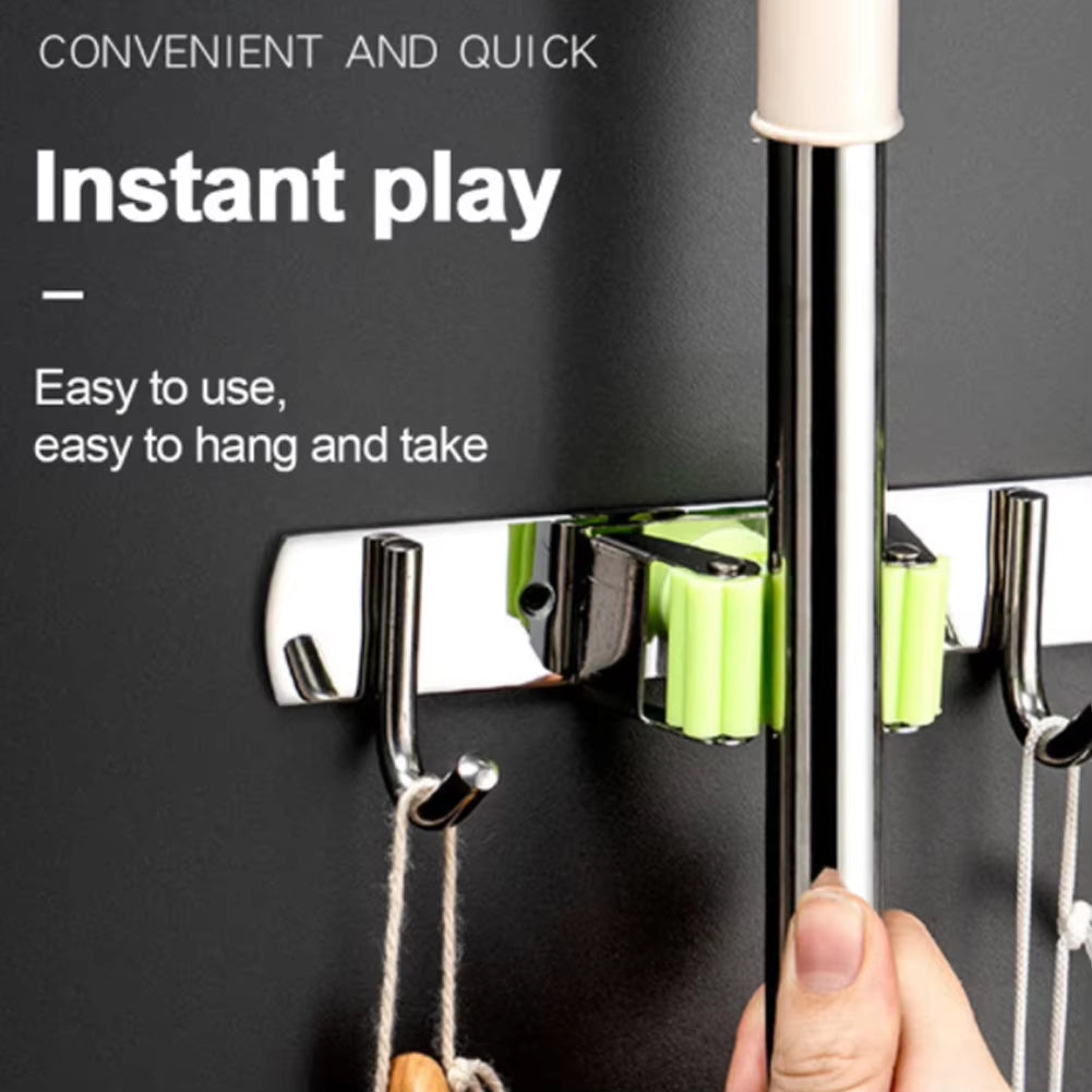 GripLock™ Stainless Steel Wall Mount Mop &amp; Broom Holder – Space-Saving Hook for Kitchen &amp; Bathroom Organization