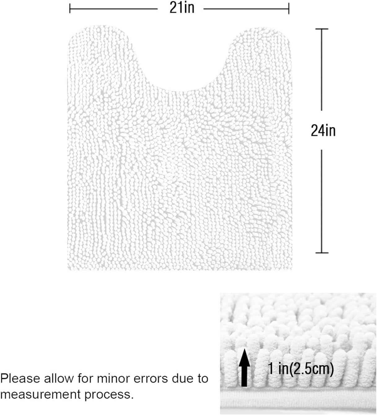Standard 24"X21" U-Shaped Non-Slip Shaggy Chenille Toilet Contour Bathroom Rug with Water Absorbent, White