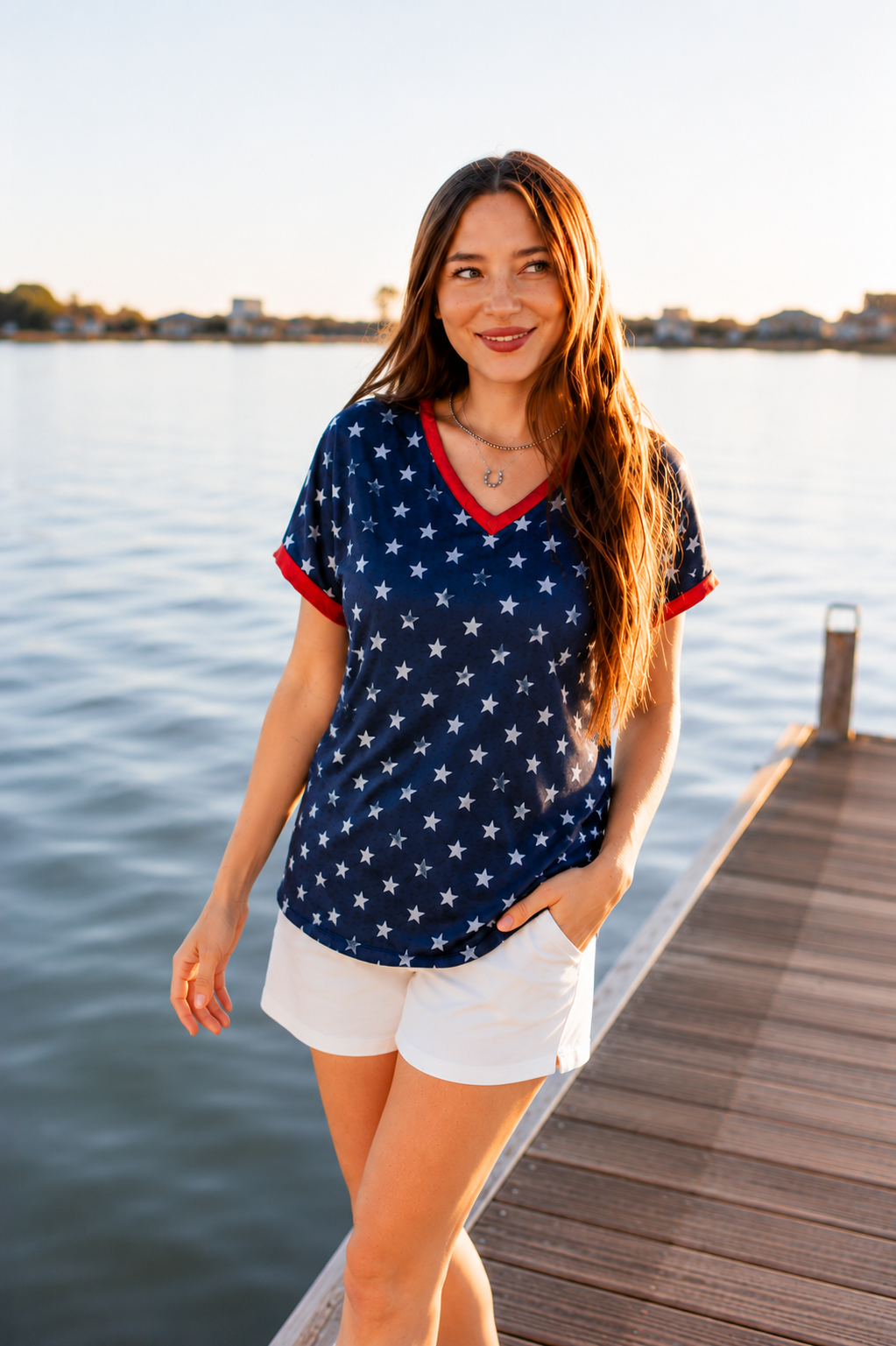 Blue and White Stars V-Neck Top