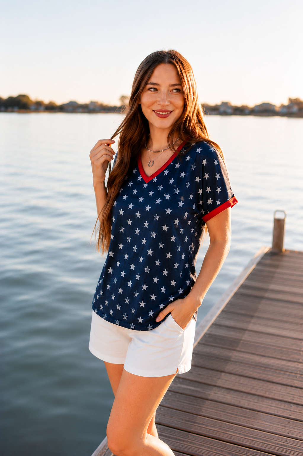 Blue and White Stars V-Neck Top