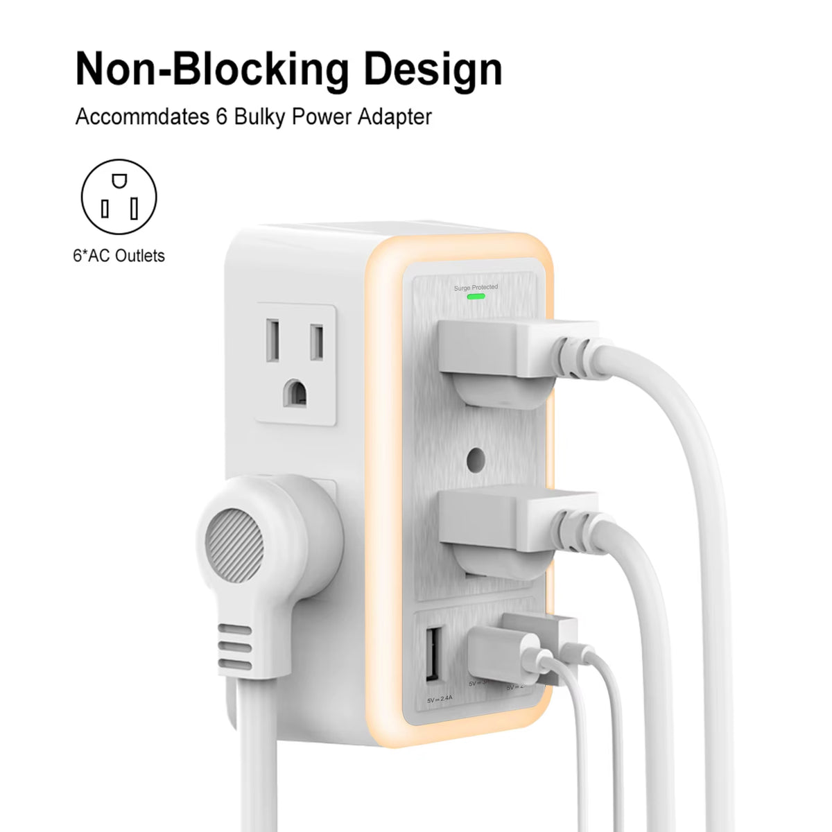 6-Outlet USB Wall Charger Extender – Surge Protected with USB-C, 3 USB Ports &amp; Built-In Night Light