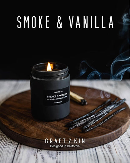Premium Smoke & Vanilla Scented Candle – Long Lasting, 45 Hour Burn Time – Luxury Black Natural Soy Scented Candle for Men with Wood Wick – Room Decor and Aromatherapy – 7.6 Oz
