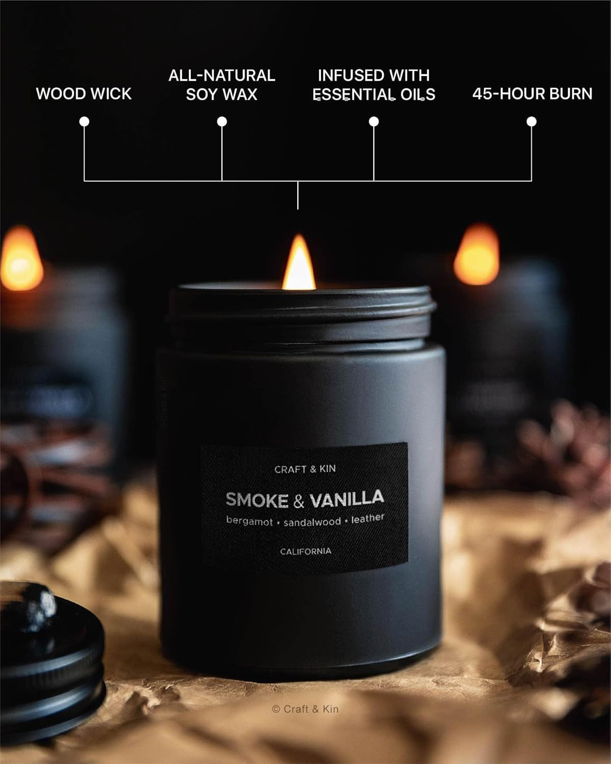 Premium Smoke & Vanilla Scented Candle – Long Lasting, 45 Hour Burn Time – Luxury Black Natural Soy Scented Candle for Men with Wood Wick – Room Decor and Aromatherapy – 7.6 Oz