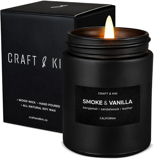 Premium Smoke & Vanilla Scented Candle – Long Lasting, 45 Hour Burn Time – Luxury Black Natural Soy Scented Candle for Men with Wood Wick – Room Decor and Aromatherapy – 7.6 Oz