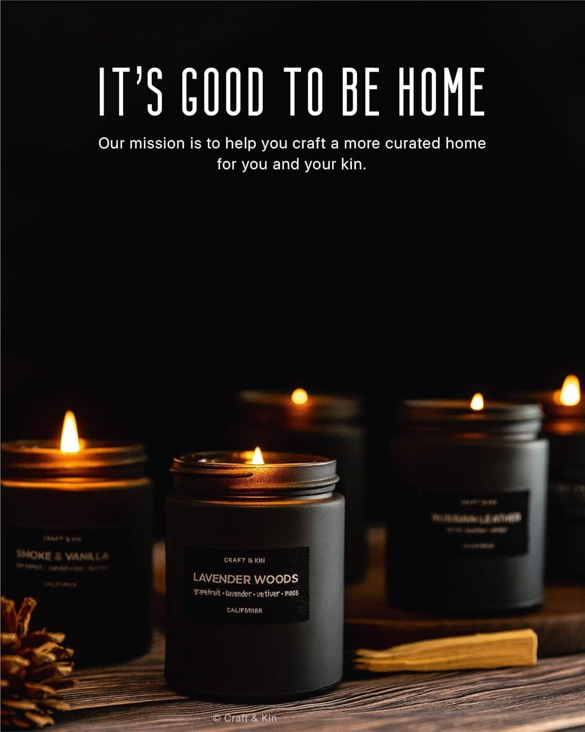 Premium Smoke & Vanilla Scented Candle – Long Lasting, 45 Hour Burn Time – Luxury Black Natural Soy Scented Candle for Men with Wood Wick – Room Decor and Aromatherapy – 7.6 Oz