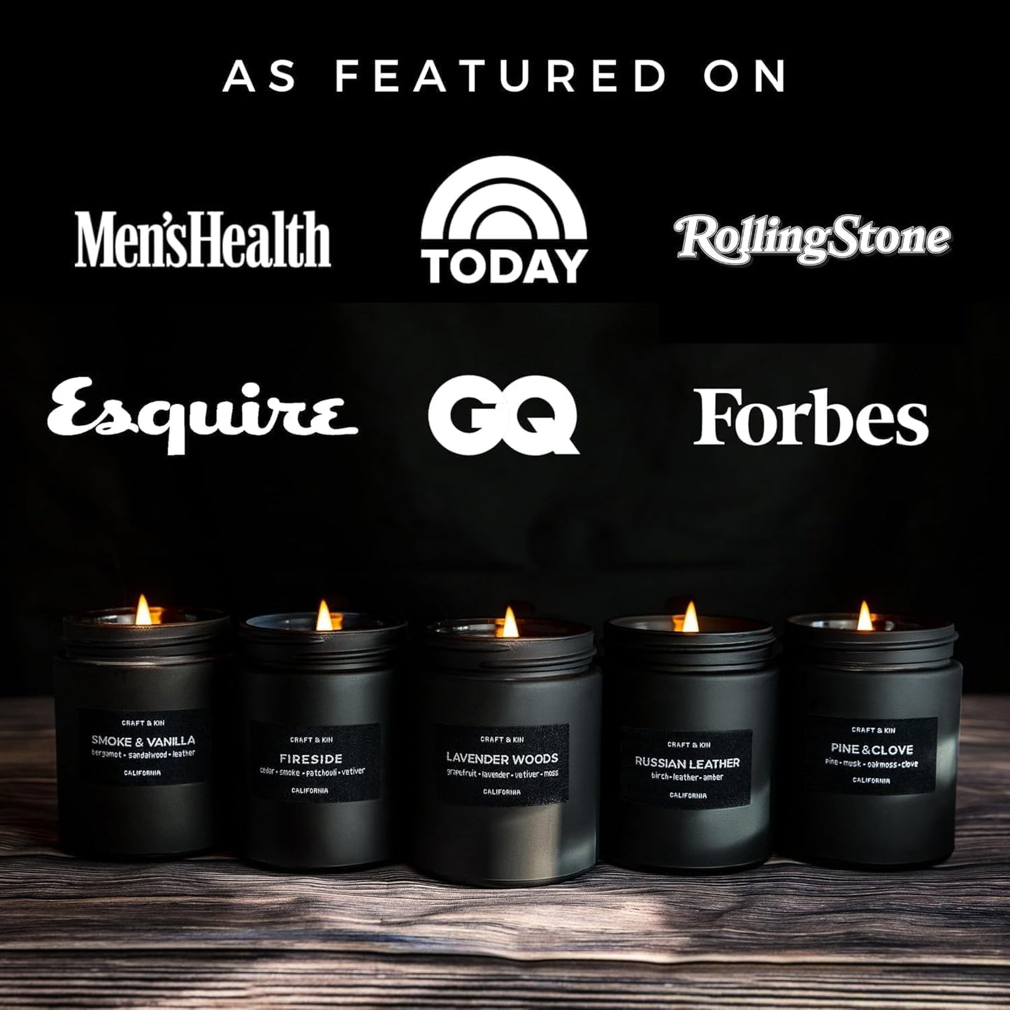 Premium Smoke & Vanilla Scented Candle – Long Lasting, 45 Hour Burn Time – Luxury Black Natural Soy Scented Candle for Men with Wood Wick – Room Decor and Aromatherapy – 7.6 Oz