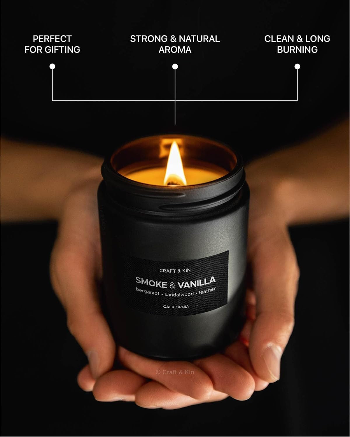 Premium Smoke & Vanilla Scented Candle – Long Lasting, 45 Hour Burn Time – Luxury Black Natural Soy Scented Candle for Men with Wood Wick – Room Decor and Aromatherapy – 7.6 Oz