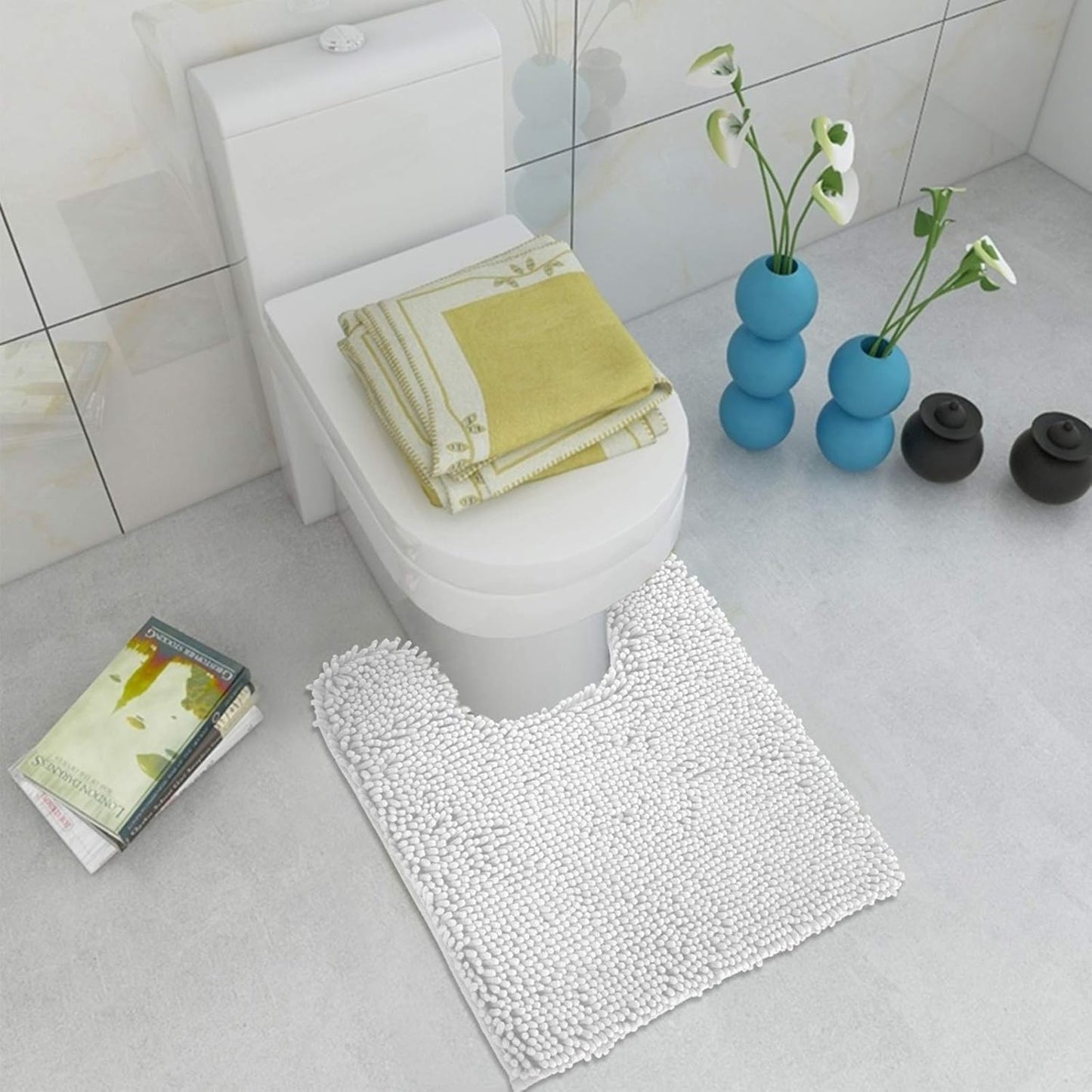 Standard 24"X21" U-Shaped Non-Slip Shaggy Chenille Toilet Contour Bathroom Rug with Water Absorbent, White