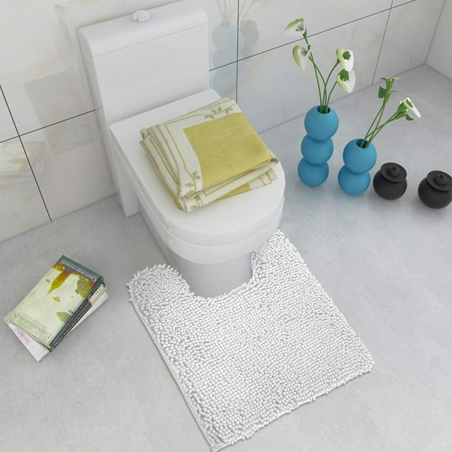Standard 24"X21" U-Shaped Non-Slip Shaggy Chenille Toilet Contour Bathroom Rug with Water Absorbent, White