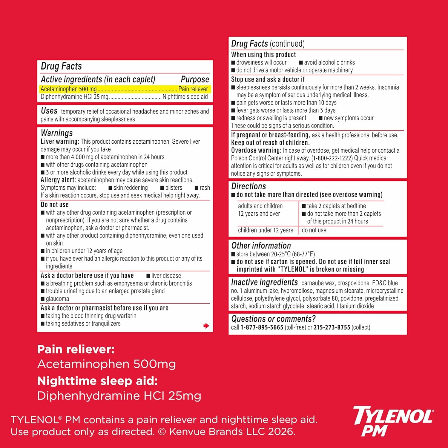 Tylenol PM Extra Strength Nighttime Pain Relief and Sleep Aid Caplets, Fast, Strong, Diphenhydramine Hcl, Acetaminophen, Non‑Habit Forming, 150 Count Size