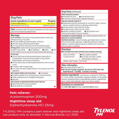 Tylenol PM Extra Strength Nighttime Pain Relief and Sleep Aid Caplets, Fast, Strong, Diphenhydramine Hcl, Acetaminophen, Non‑Habit Forming, 150 Count Size