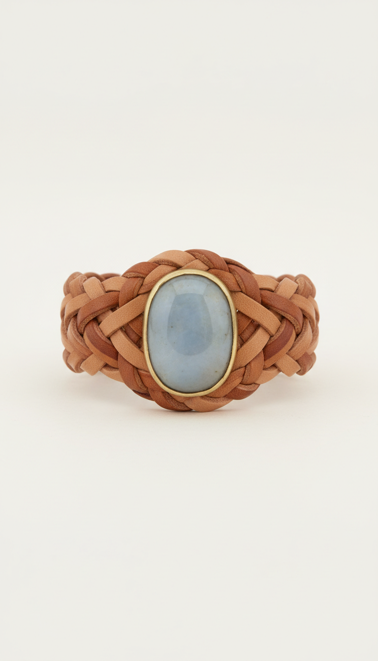 Soft Sand Braided Leather Cuff with Gemstone Inlay