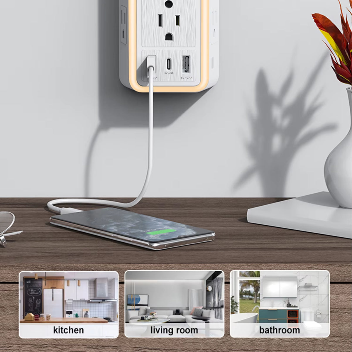 6-Outlet USB Wall Charger Extender – Surge Protected with USB-C, 3 USB Ports &amp; Built-In Night Light